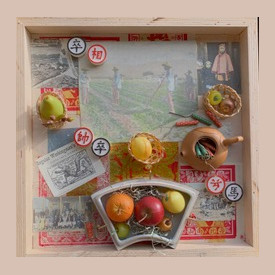 "Chinese American Farmworkers<br/>
in Monterey Bay Region"<br/>Lucien Kubo<br/>Mixed Media<br/>16 in. x 16 in. x 1.5 in.