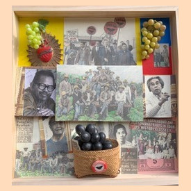 "Filipino American Farmworkers<br/>
in Monterey Bay Region"<br/>Lucien Kubo<br/>Mixed Media<br/>16 in. x 16 in. x 1.5 in.