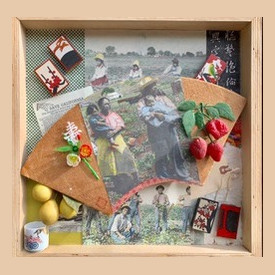 "Japanese American Farmworkers<br/>
in Monterey Bay Region"<br/>Lucien Kubo<br/>Mixed Media<br/>16 in. x 16 in. x 1.5 in.