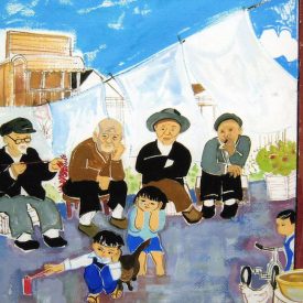 "Chinatown Uncles"<br/>Belle Yang<br/> Gouache<br/> 23 in. x 29" (framed)