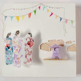 "Obon Festival at <br/>Tule Lake" 2017<br/>Lisa Solomon<br/>watercolor, graphite, color pencils, <br/>embroidery on various papers, pins, <br/>painted pagoda/toro, shelf on wood panel<br/> 10 in. x 10 in.