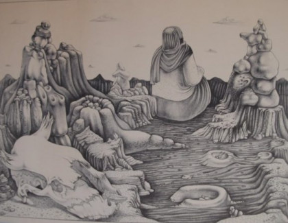 Untitled<br/>(Woman in Surreal Wasteland) 1937<br/>Reuben Kadish<br/>Lithograph, 17.75 in. x 22.75 in.