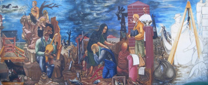 Untitled <br/>(Despair and Hope) 1937 <br/>Reuben Kadish<br/>Fresco on Masonite, 15.5 in. x 39.5 in.