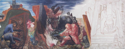 Untitled <br/>(Mining the Soil) 1937<br/>Reuben Kadish<br/>Fresco on Masonite, 19 in. x 49 in.