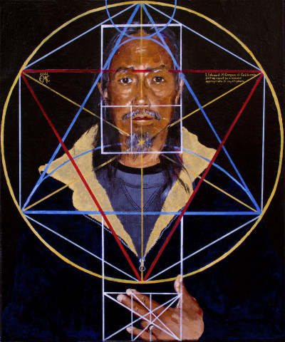 Edward M. Corpus<br/>
"As Above, So Below"<br/>
Acrylic on canvas, 2022<br/>
20 in. x 24 in. x .75 in.<br/>
Courtesy of the artist<br/><br/>
This self-portrait is an homage to Albrecht Dürer and Hilma af Klint. Dürer was a Neo-Platonist and af Klint was a mystic, spiritualist and visionary. These two artists lived before and after the so-called Age of Enlightenment, to which the philosophies and worldviews of both stood in contrast. The ideological biases of the Enlightenment resulted in the separation of hard science from metaphysics - in my opinion a long term setback to humanity rather than an advancement.