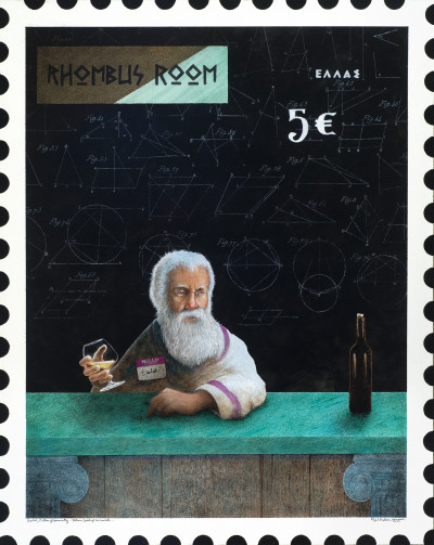 Will Bullas<br/>
"EUCLID, FATHER OF GEOMETRY,
PATRON SAINT OF HOMEWORK"<br/>
Acrylic on canvas, 2022<br/>
50 in. x 40 in.<br/>
Courtesy of the artist<br/><br/>
As soon as I was told the general theme of the show (geometry related), I immediately did research to get to the core of my approach.
Euclid was a Greek mathematician and considered the father of geometry around 300 BC. I playfully added the "patron saint of homework" to the full title.
I recalled an eternity of geometry homework and figured Euclid was due his own commemorative postage stamp. And from Greece, no less.
The painting took on an air of surrealistic parody.
This just might be the world's largest "Euclid Commemorative Stamp!”