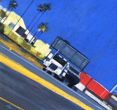 Ellen Gust<br/>
"Tipping the Scales"<br/>
Pastel on paper<br/>
25 in. x 25 in.<br/>
Courtesy of the artist
<br/><br/>
This work is playing with the angles that oblige the viewer to
look past the scene and see the shapes.