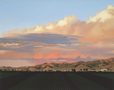 Andrea Johnson<br/>
"Salinas Valley from Spreckels"<br/>
Acrylic on canvas, 2022<br/>
24 in. x 30 in.<br/>
Courtesy of Winfield Gallery, Carmel<br/><br/>
I love the contrast of the geometric regularity of the field rows against the more organic shapes of the clouds.