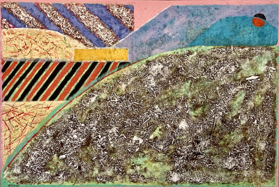 Karen Nagano<br/>
"Castroville 1989"<br/>
Mixed Media, 1989<br/>
30 in. x 44 in.<br/>
Courtesy of the artist <br/><br/>
From my studio in a light industrial park in Castroville, the view of the rolling hills abutting the precise lines of the cultivated fields nearby provided a study of natural curves and textures juxtaposed with the geometry of the human mind. That juxtaposition inspired the compositional structure of the piece and a meditation upon the effects of human mental constructs (geometry) upon our experience of nature.