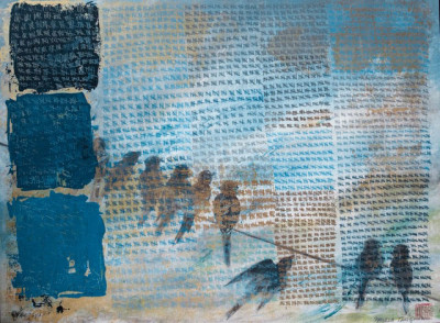 Pamela Takigawa<br/>
MEDITATION ON COVID 2020: 18,155<br/>
Mixed media<br/>
19.25 in. x 25 in.<br/>
Courtesy of the artist<br/><br/>
This piece is an homage to the first 18,155 people that died due to Covid in the early days.
Each person was someone to somebody and diminished our communities with their death.
As I made each hatch mark I meditated on this thought. The number has become overwhelming and hard to comprehend-not a number-a person.
The beautiful blue sky and the freedom of birds is difficult to square with the loss. Still, I keep looking up and I see the beauty above.