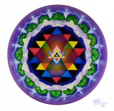 Marcia Perry<br/>
"Unity"<br/>
Airbrushed acrylic on convex canvas, 2014<br/>
36 in. diameter<br/>
Courtesy of the artist<br/><br/>
I’m fascinated by the universal language of spiritual symbolism. The Hindu symbol Shri Yantra is thousands of years old, used since 3300 BC for prayer and meditation to bring prosperity and happiness. The lotus is a Buddhist symbol of healing and highest spiritual achievement. The Egyptian symbol of the Eye of Ra at the center is the protector and renewer is the earth. I made this mandala as a visual prayer.