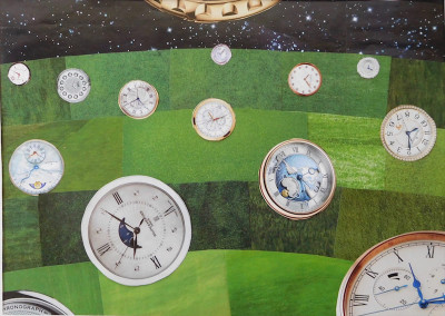 Karen Warwick<br/>
"The Persistence of Time"<br/>
Paper collage, 2019<br/>
16 in. x 20 in.<br/>
Courtesy of the artist